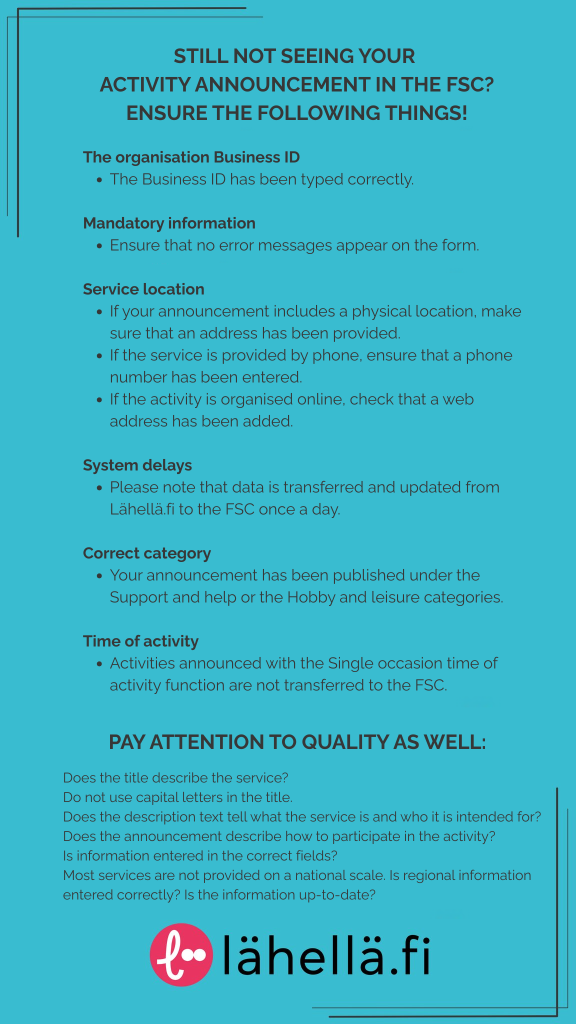 Checklist for data transferred from Lähellä.fi to the FSC